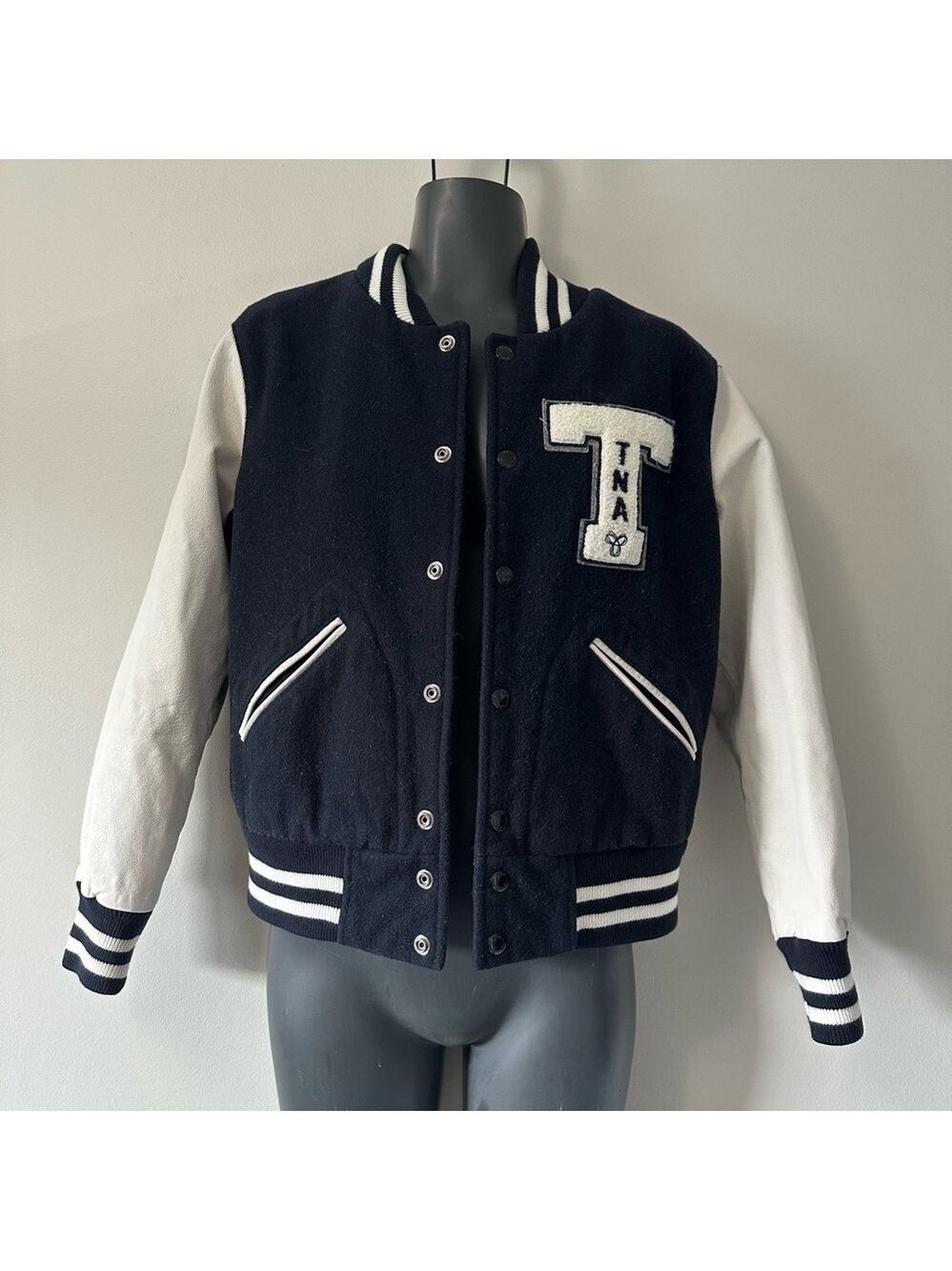 TNA Varsity Jacket Black and White Classic Style Wool and Leather Size Medium